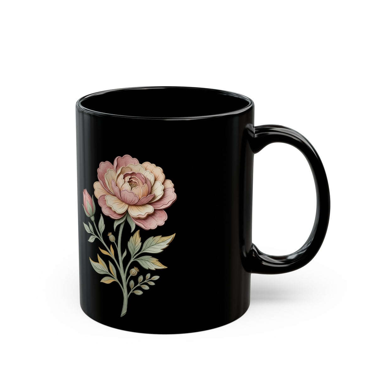 Floral Vintage Rose Black Ceramic Mug — Elegant Pink Peony Coffee Cup (11oz/15oz)