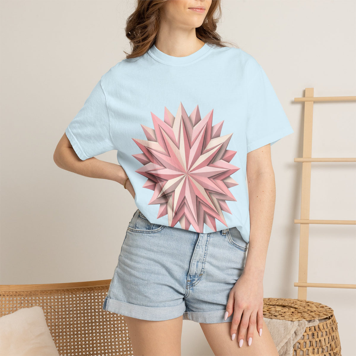 Geometric Rose Star T-Shirt — Pink 3D Origami Floral Tee