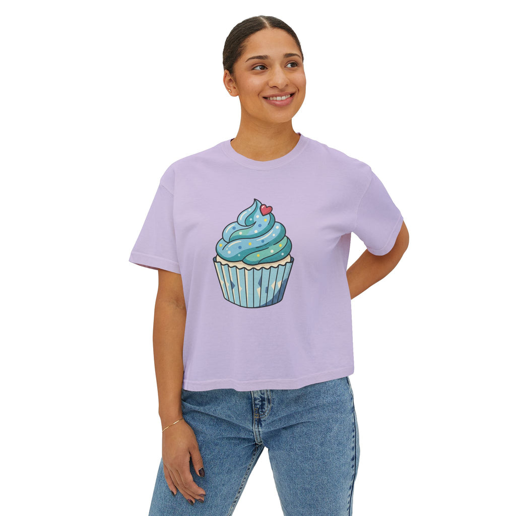 Cupcake Graphic Boxy Tee — Cute Blue Cupcake Women's Cropped T-Shirt