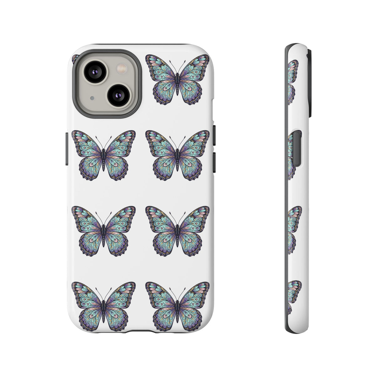 Butterfly Pattern Tough Phone Case — Vintage Teal Floral Protective Cover
