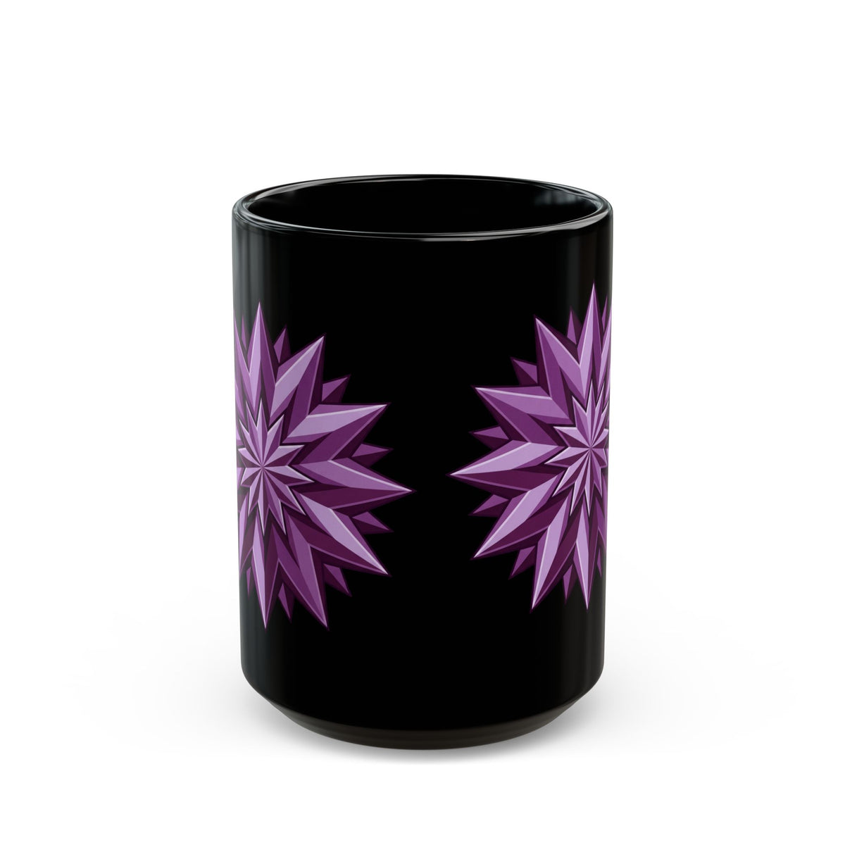 Purple Geometric Starburst Black Mug — 11oz & 15oz Ceramic Coffee Cup
