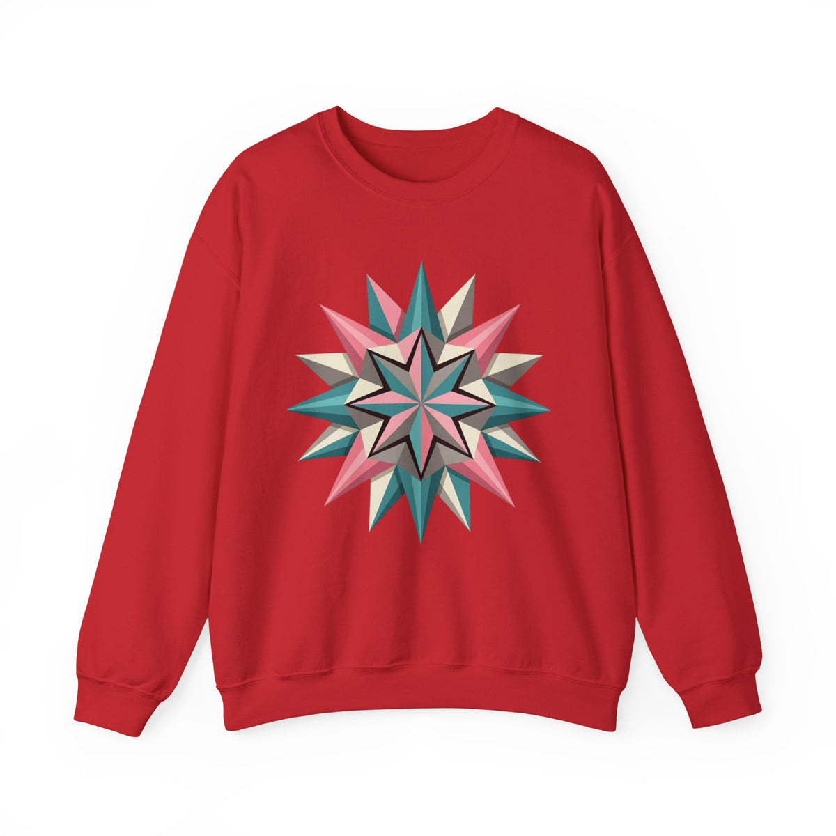 Geometric Starburst Crewneck Sweatshirt — Pink Teal Modern Compass Design