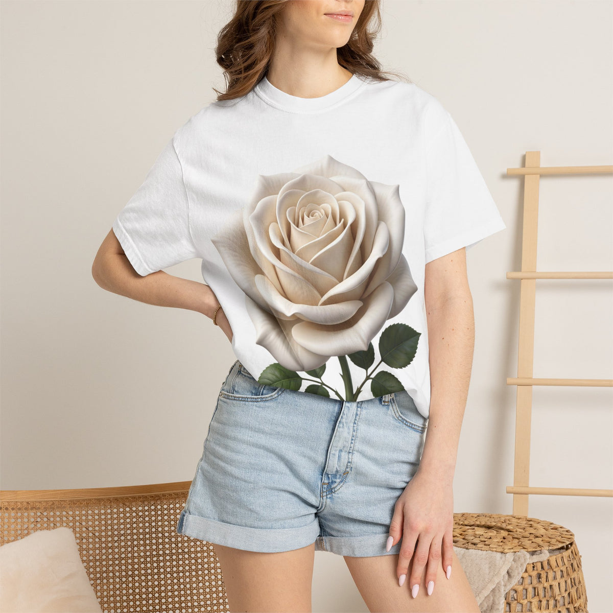 White Rose T-Shirt — Realistic Vintage Floral Tee