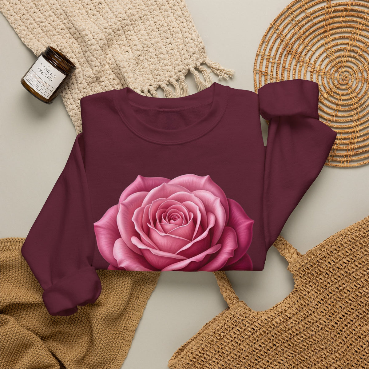 Rose Graphic Sweatshirt — Vintage Pink Rose Floral Crewneck