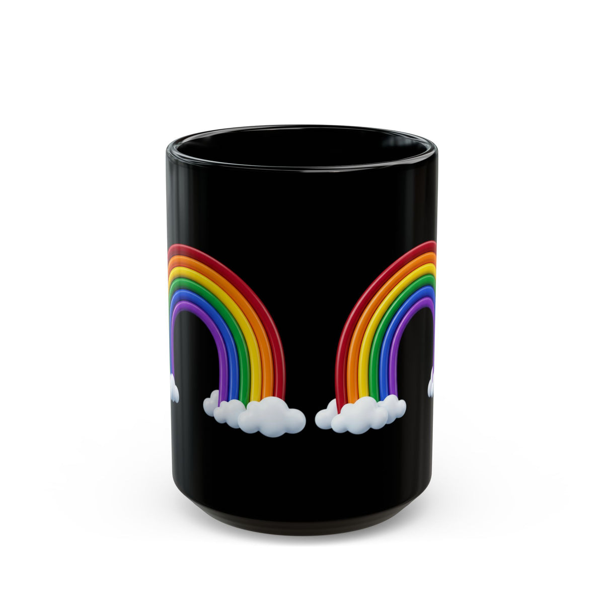 Black Rainbow Mug (11oz/15oz) — Colorful Rainbow & Clouds Coffee Cup
