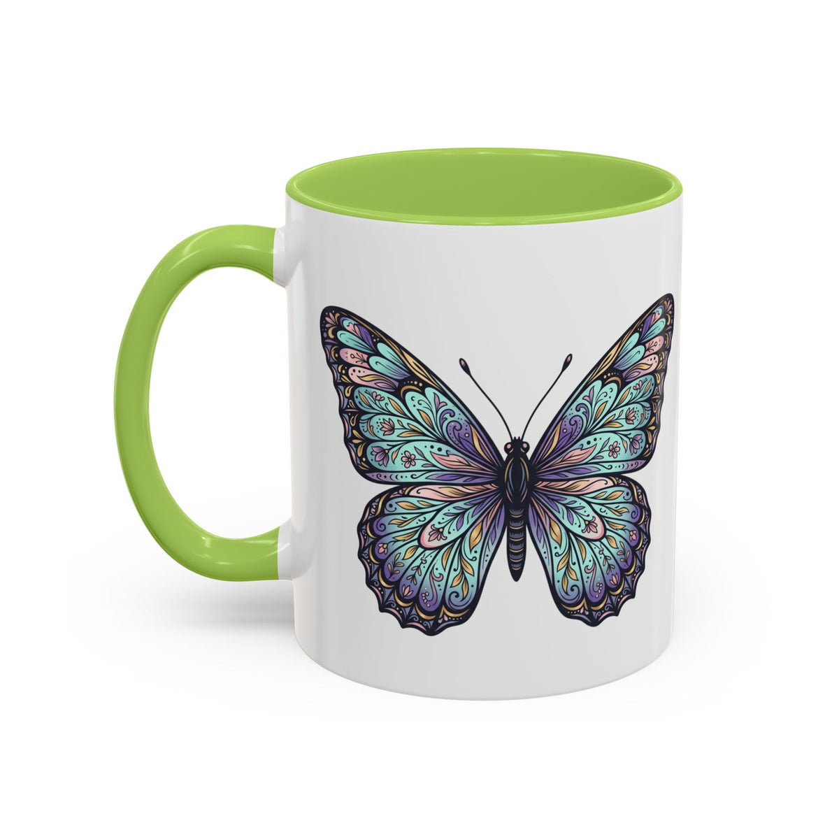 Butterfly Accent Coffee Mug — Teal Mandala Wing Design (11/15oz)