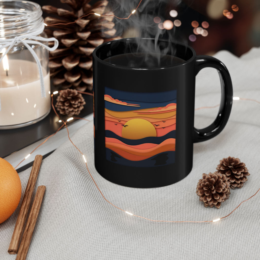 Sunset Waves Black Mug — Retro Ocean Sunrise Coffee Cup (11oz & 15oz)