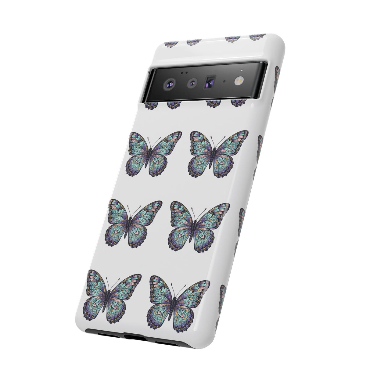 Butterfly Pattern Tough Phone Case — Vintage Teal Floral Protective Cover