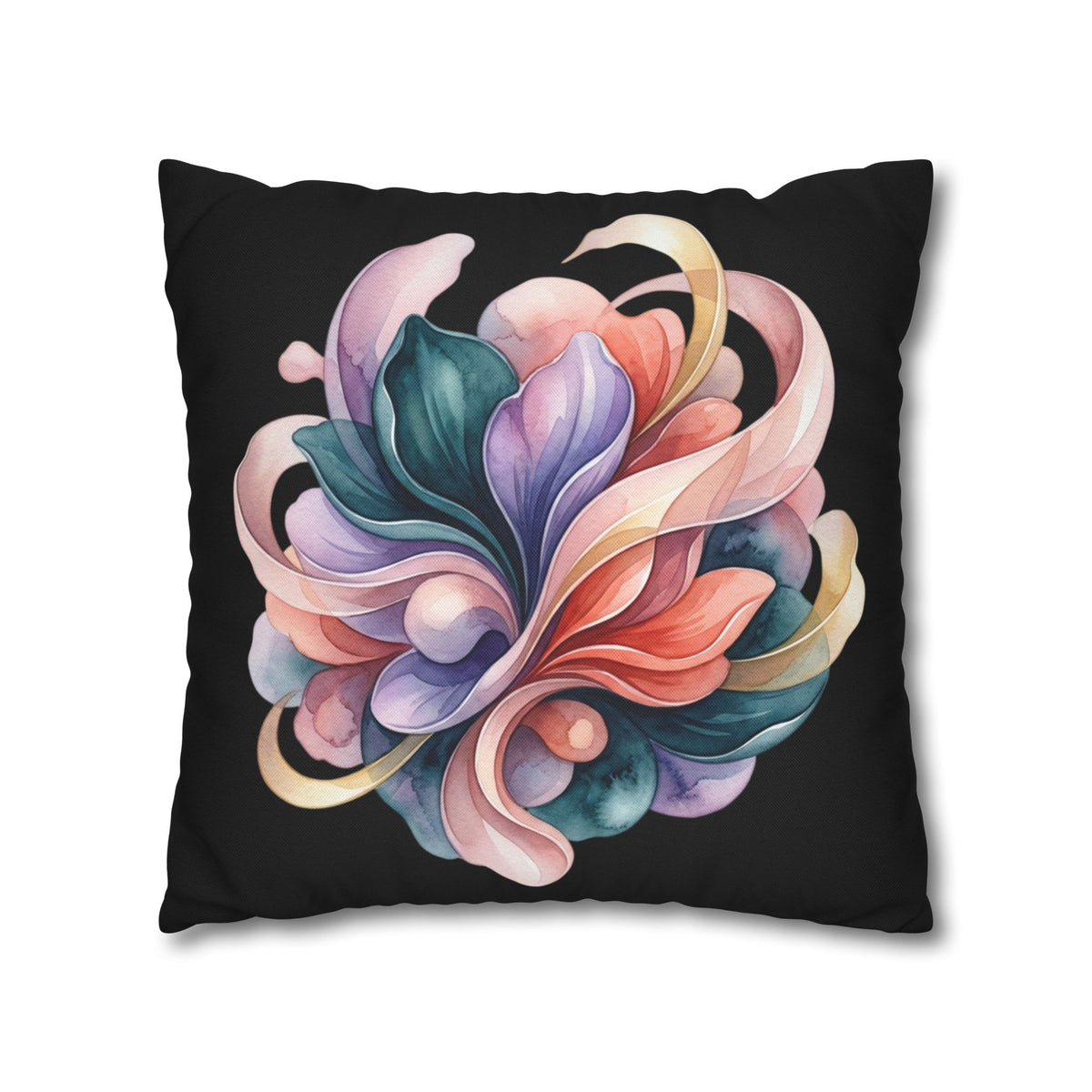 Abstract Floral Throw Pillowcase — Colorful Petal Swirl on Black