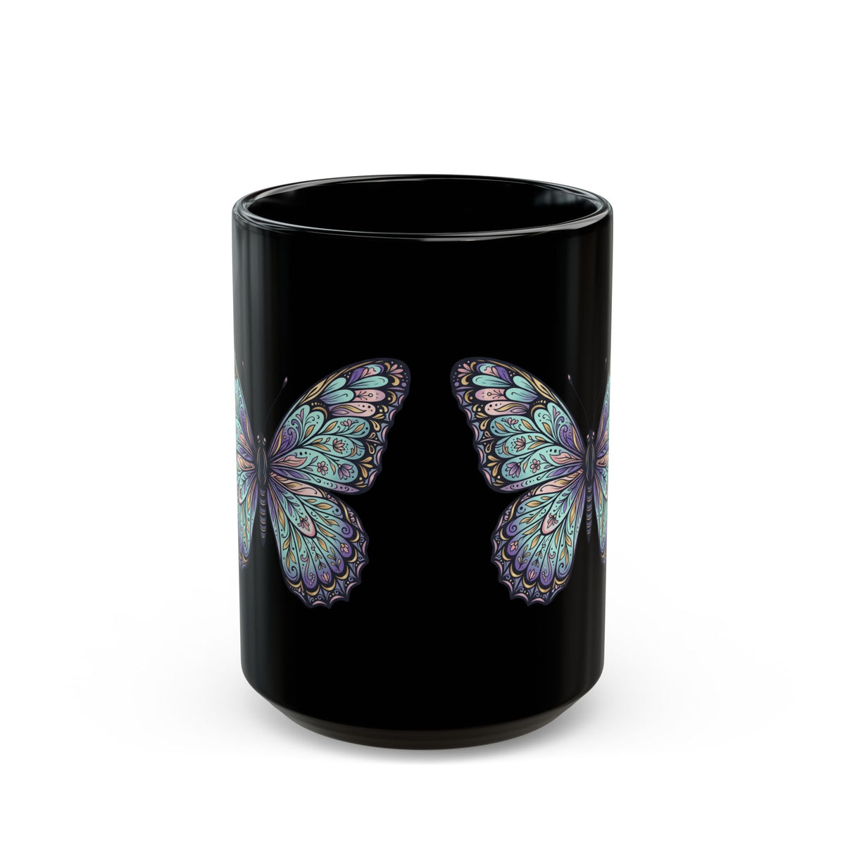Iridescent Butterfly Black Mug — 11oz & 15oz Ceramic Coffee Cup
