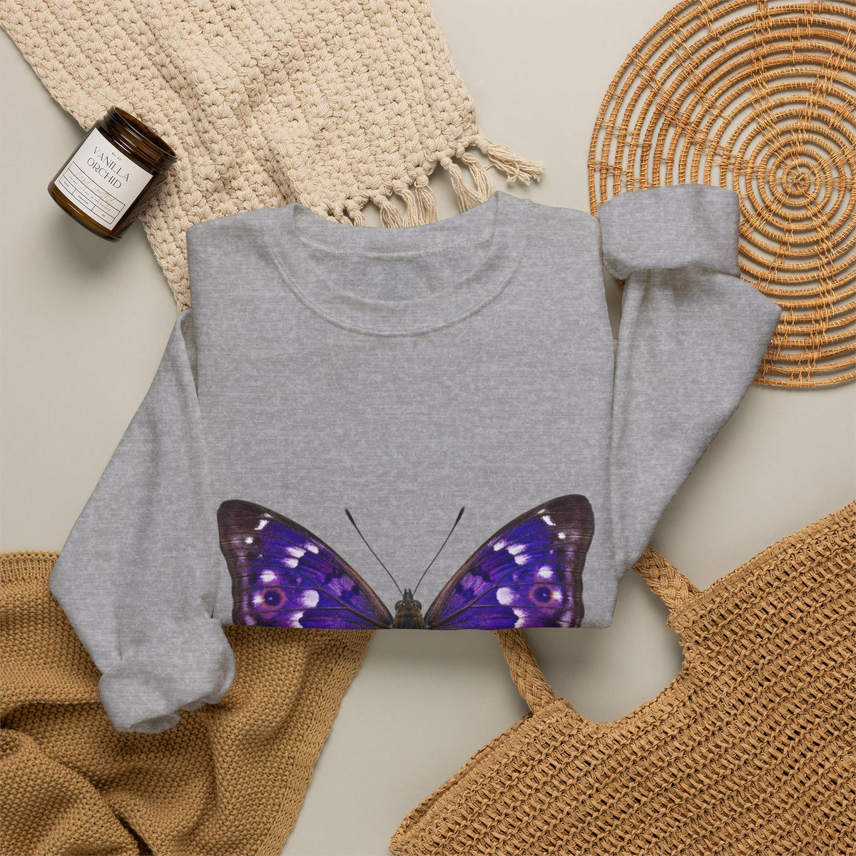 Purple Butterfly Crewneck Sweatshirt — Vibrant Nature Graphic Pullover