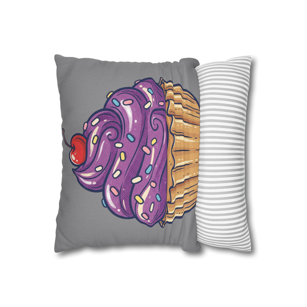 Cupcake Pillowcase — Whimsical Purple Frosting Decorative Throw Pillow- Grey