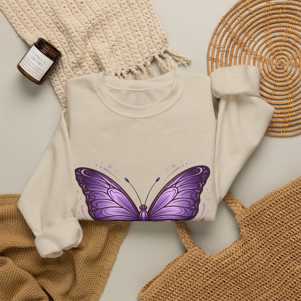 Purple Butterfly Crewneck Sweatshirt — Vibrant Graphic Butterfly Pullover
