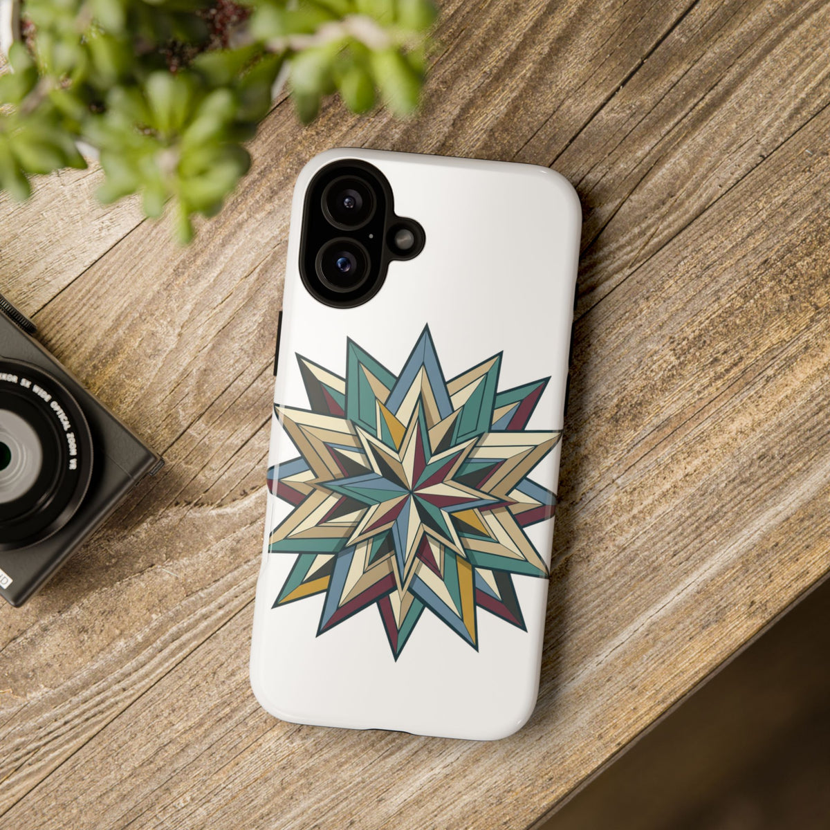 Geometric Star Phone Case — Teal & Earthtone Mandala Design
