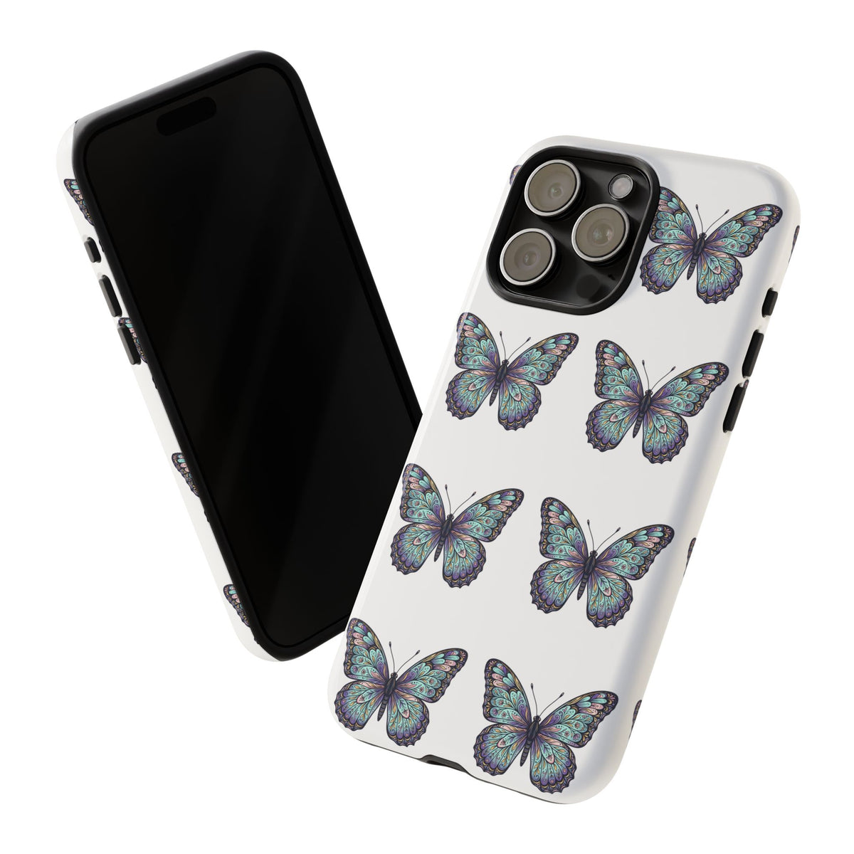 Butterfly Pattern Tough Phone Case — Vintage Teal Floral Protective Cover