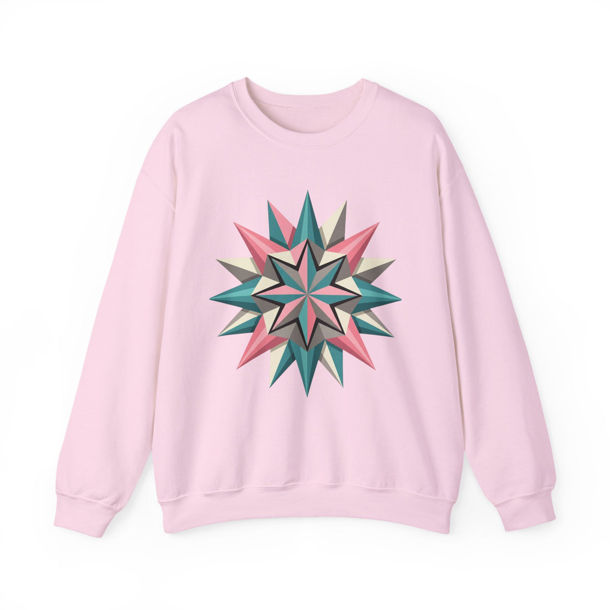 Geometric Starburst Crewneck Sweatshirt — Pink Teal Modern Compass Design