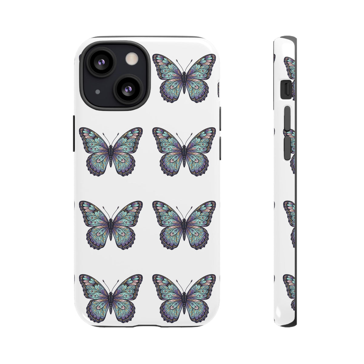 Butterfly Pattern Tough Phone Case — Vintage Teal Floral Protective Cover
