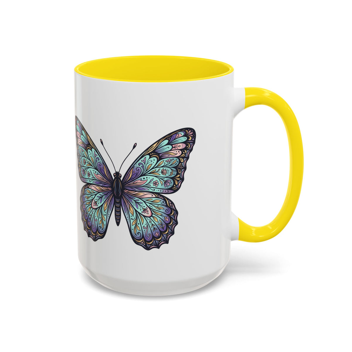 Butterfly Accent Coffee Mug — Teal Mandala Wing Design (11/15oz)