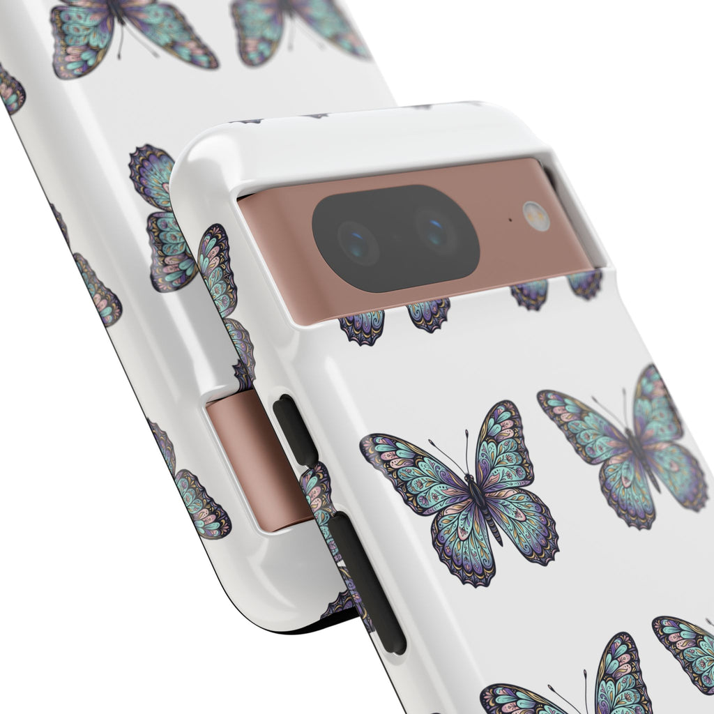 Butterfly Pattern Tough Phone Case — Vintage Teal Floral Protective Cover