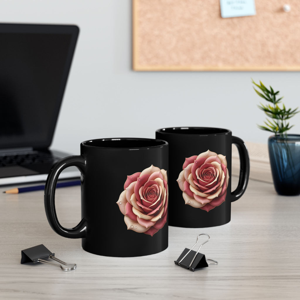 Black Rose Mug — Elegant Pink Rose on Black Ceramic (11oz & 15oz)