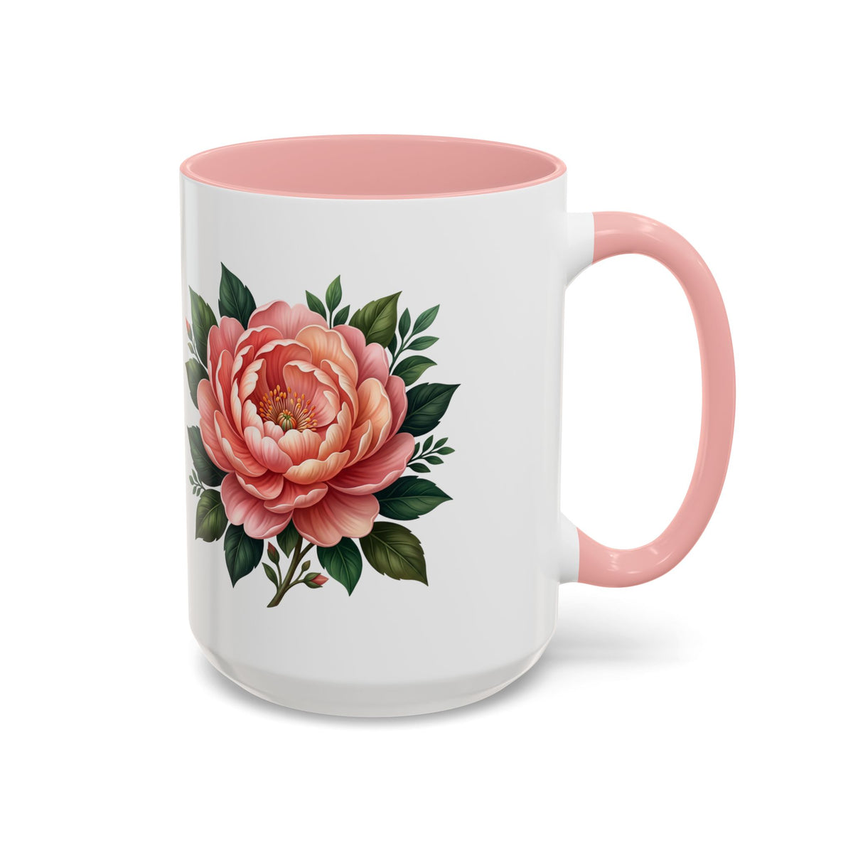 Floral Peony Accent Coffee Mug — Pink Rose Bloom Ceramic Cup