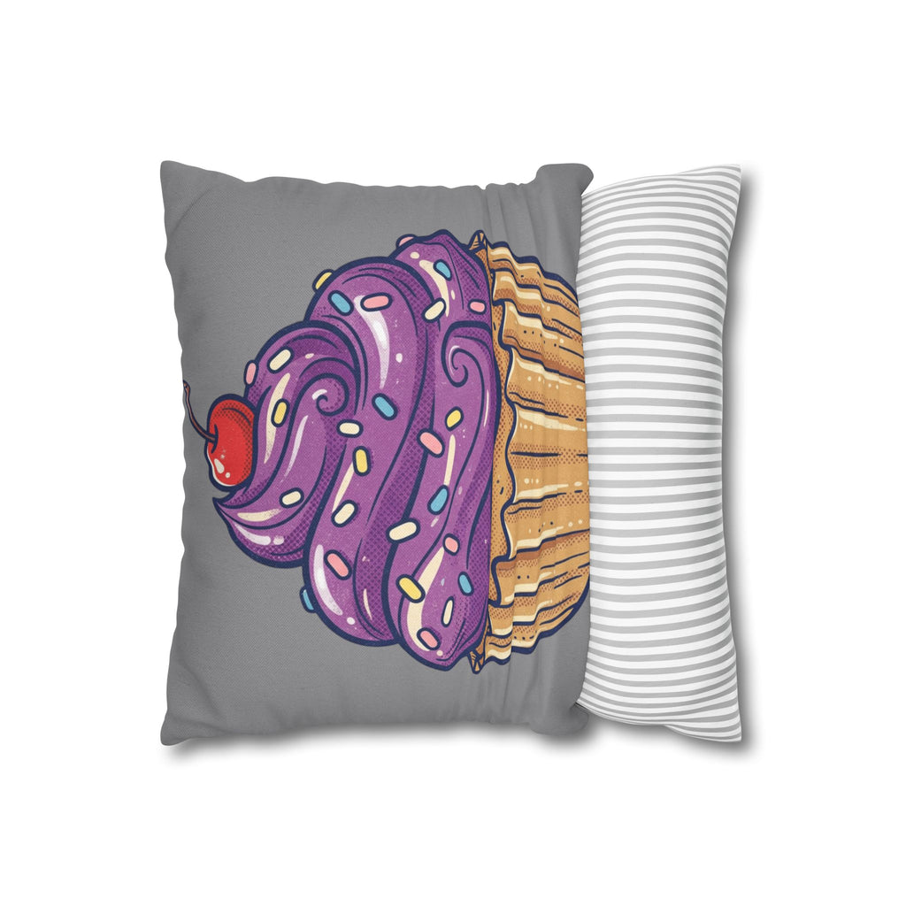 Cupcake Pillowcase — Whimsical Purple Frosting Decorative Throw Pillow- Grey