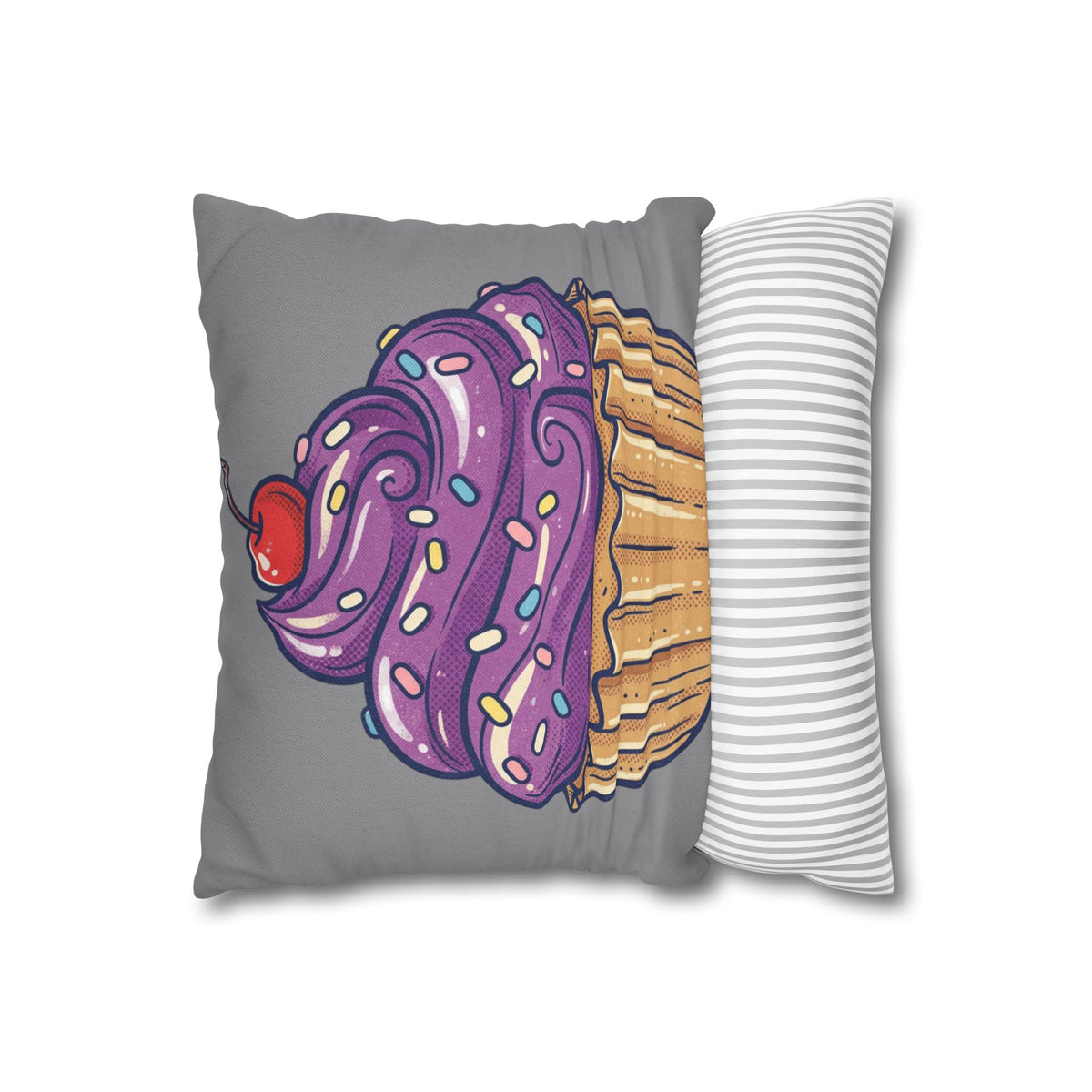 Cupcake Pillowcase — Whimsical Purple Frosting Decorative Throw Pillow- Grey