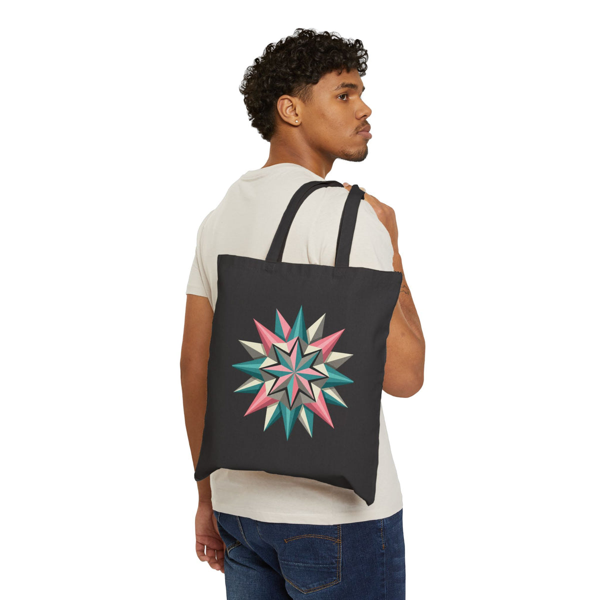Starburst Geometric Tote Bag — Retro Pink & Teal Canvas Market Tote