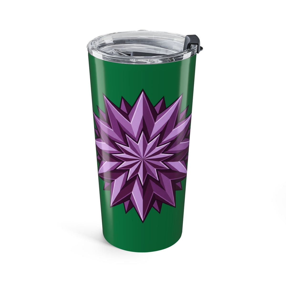 20oz Floral Star Tumbler — Green Travel Cup with Purple Geometric Blossom