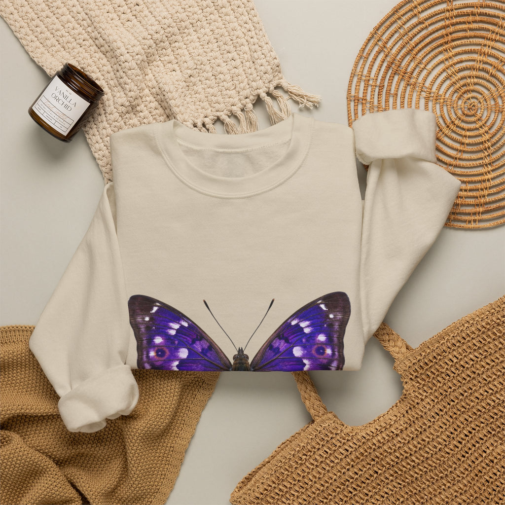 Purple Butterfly Crewneck Sweatshirt — Vibrant Nature Graphic Pullover
