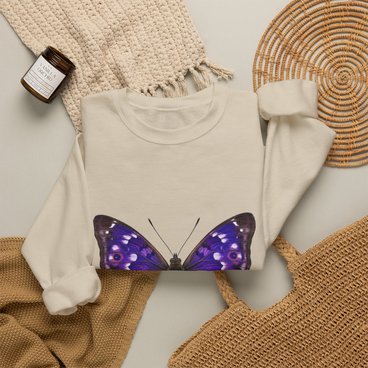 Purple Butterfly Crewneck Sweatshirt — Vibrant Nature Graphic Pullover