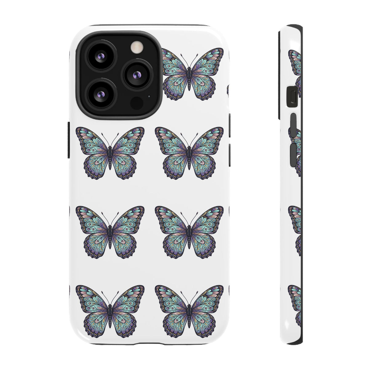 Butterfly Pattern Tough Phone Case — Vintage Teal Floral Protective Cover