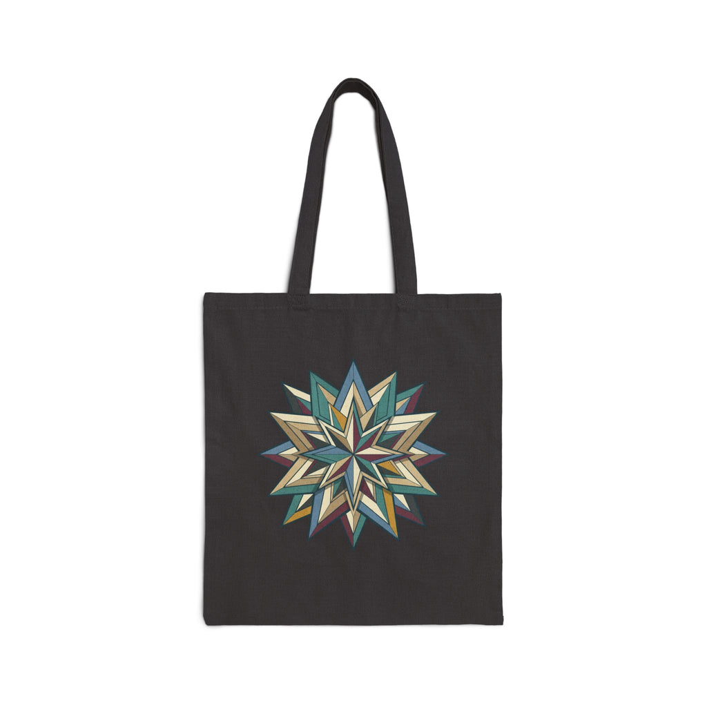 Geometric Starburst Canvas Tote Bag – Boho Green & Gold Quilted Design