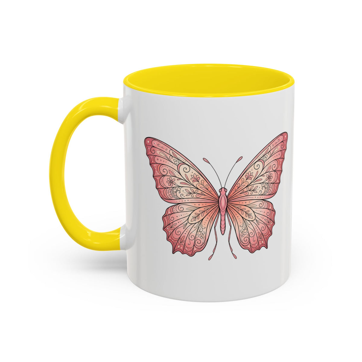 Pink Watercolor Butterfly Accent Coffee Mug — Floral Boho Tea & Coffee Cup (11/15oz)