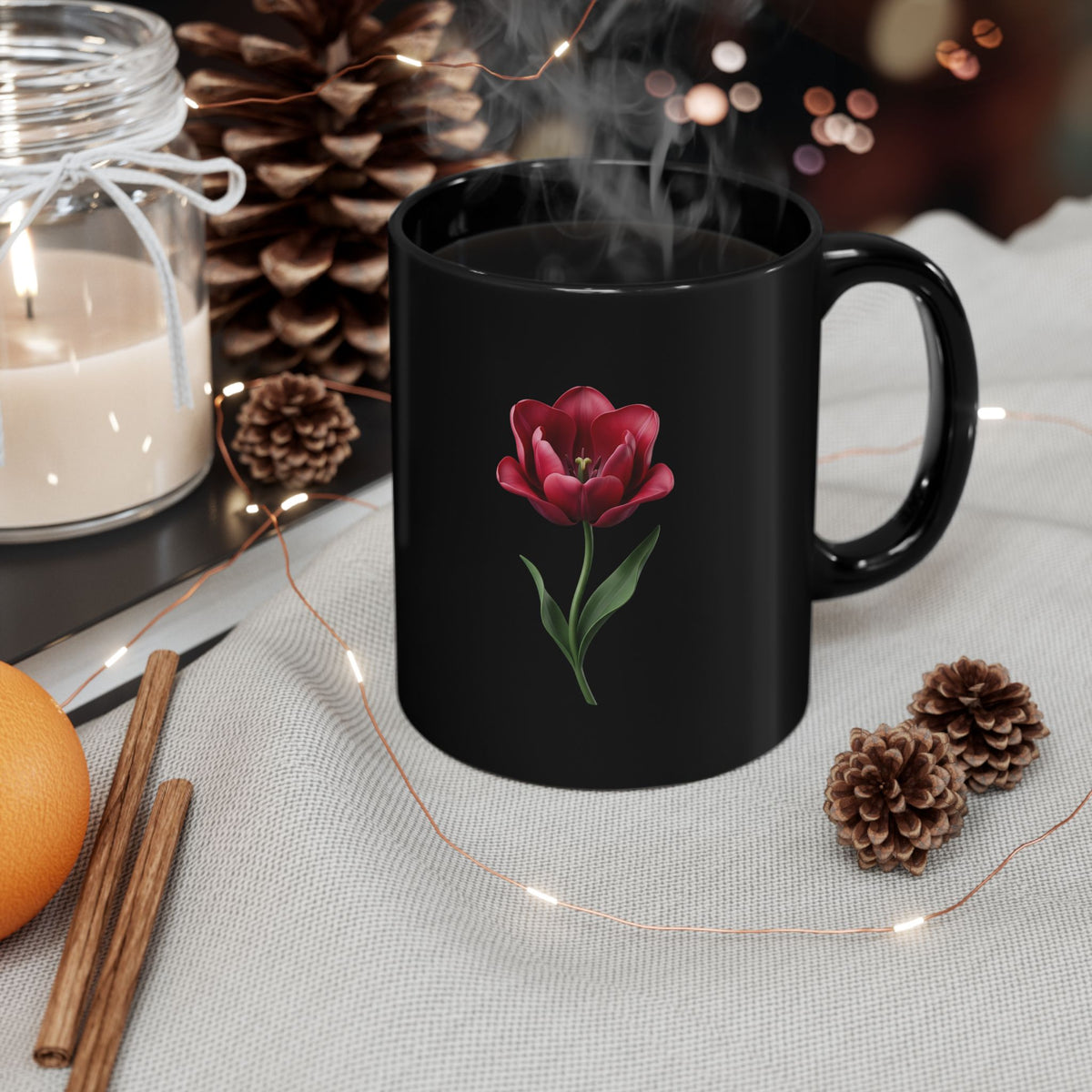 Black Floral Mug — Red Tulip Ceramic Coffee Cup (11oz & 15oz)