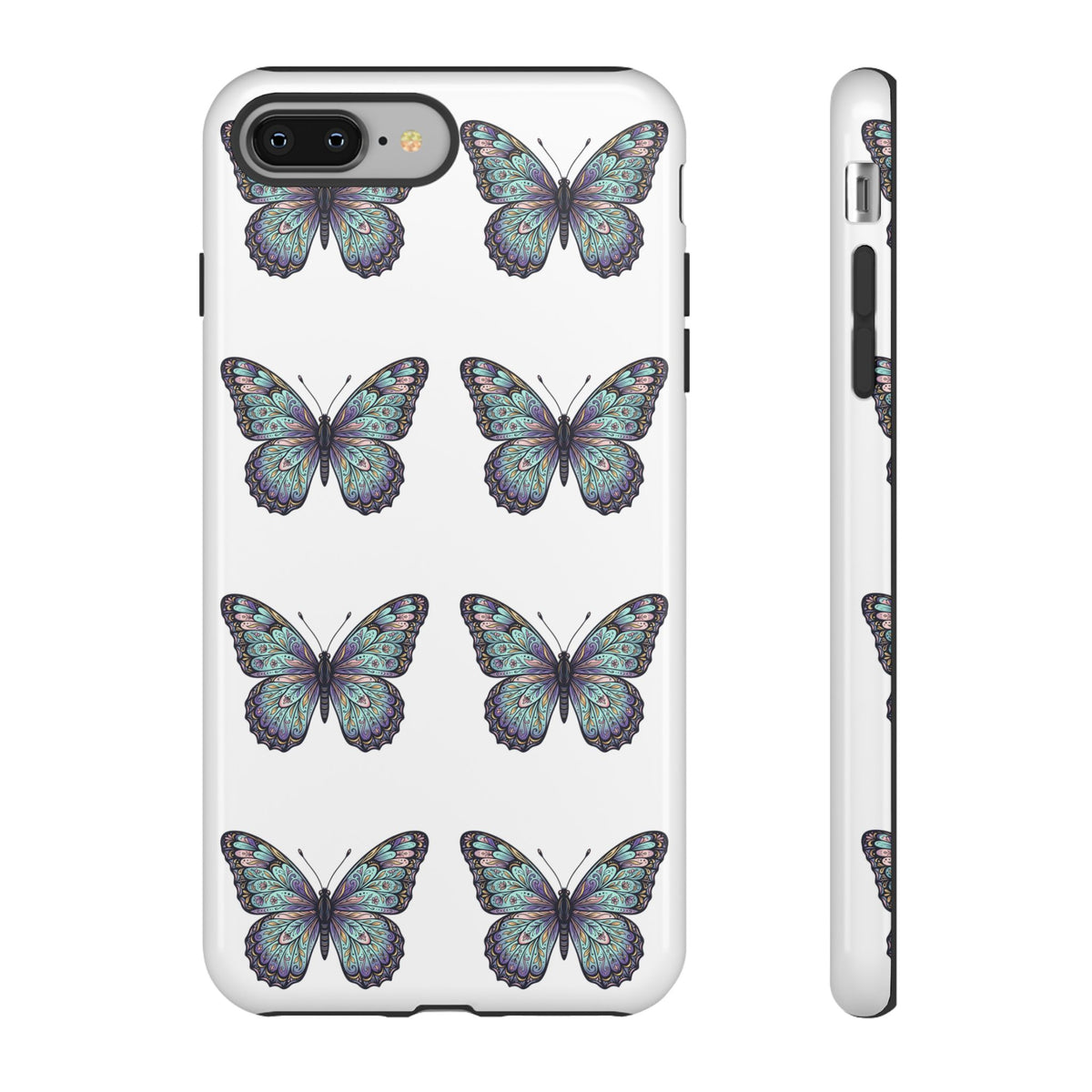 Butterfly Pattern Tough Phone Case — Vintage Teal Floral Protective Cover