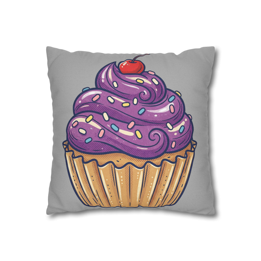 Cupcake Cushion Cover — Purple Frosting Dessert Pillowcase- Light Grey