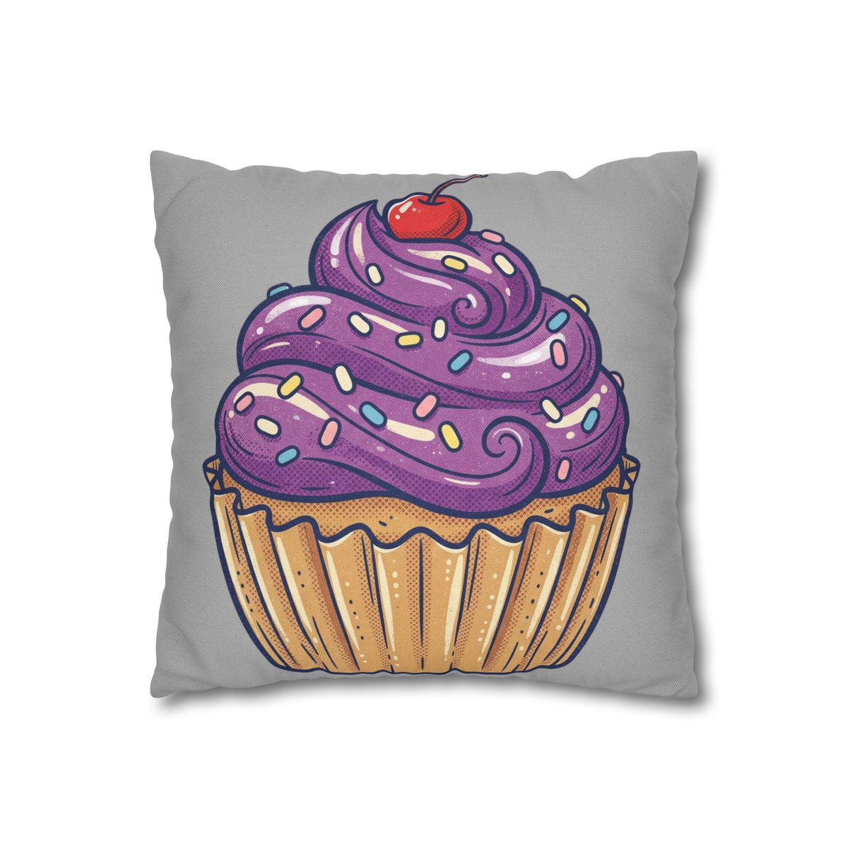 Cupcake Cushion Cover — Purple Frosting Dessert Pillowcase- Light Grey