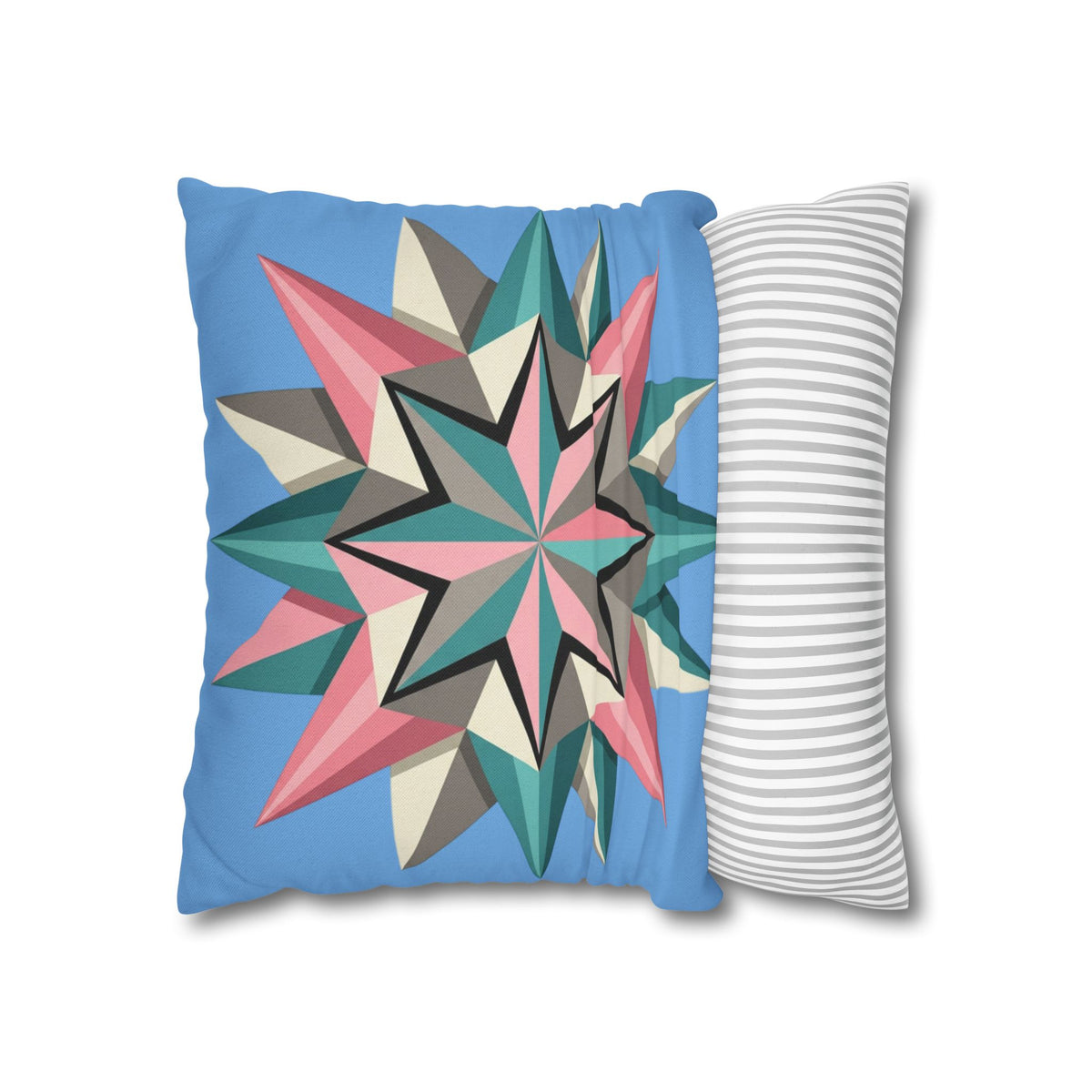 Geometric Starburst Throw Pillowcase – Pastel Compass Design on Sky Blue