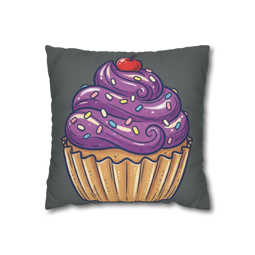 Cupcake Pillowcase — Whimsical Purple Frosting Decorative Throw Pillow- Dark Grey