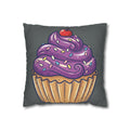 Cupcake Pillowcase — Whimsical Purple Frosting Decorative Throw Pillow- Dark Grey