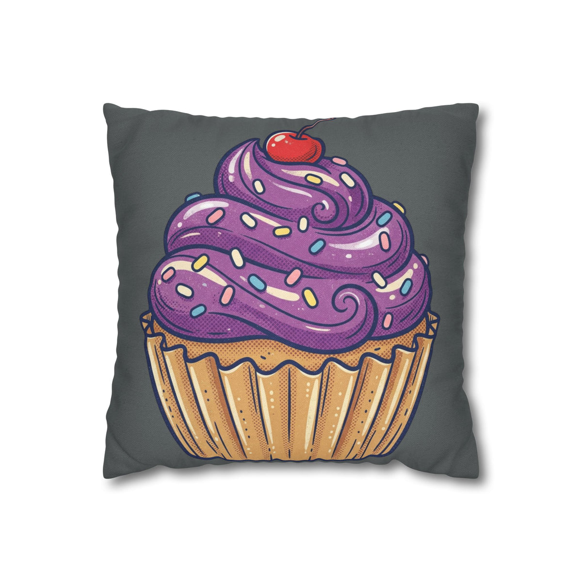 Cupcake Pillowcase — Whimsical Purple Frosting Decorative Throw Pillow- Dark Grey