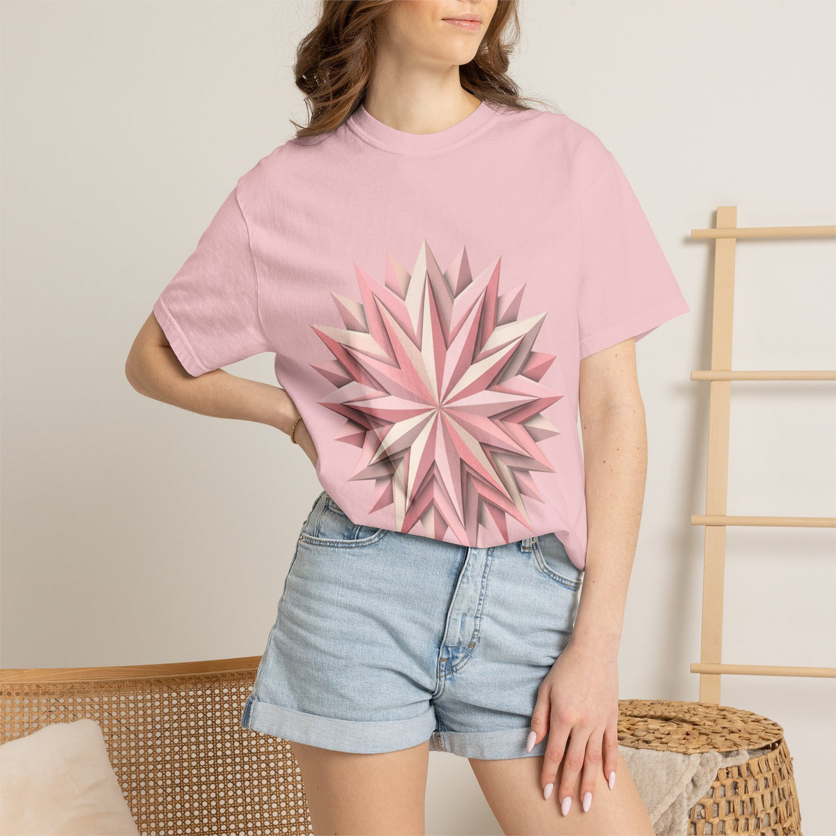 Geometric Rose Star T-Shirt — Pink 3D Origami Floral Tee