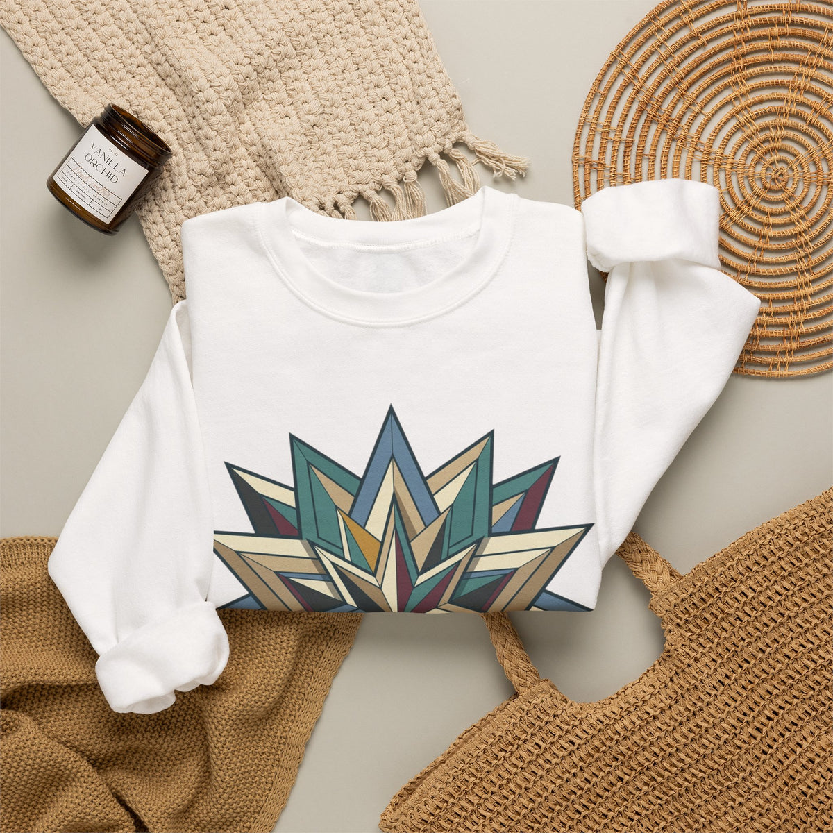Crewneck Sweatshirt — Geometric Starburst Mandala Design