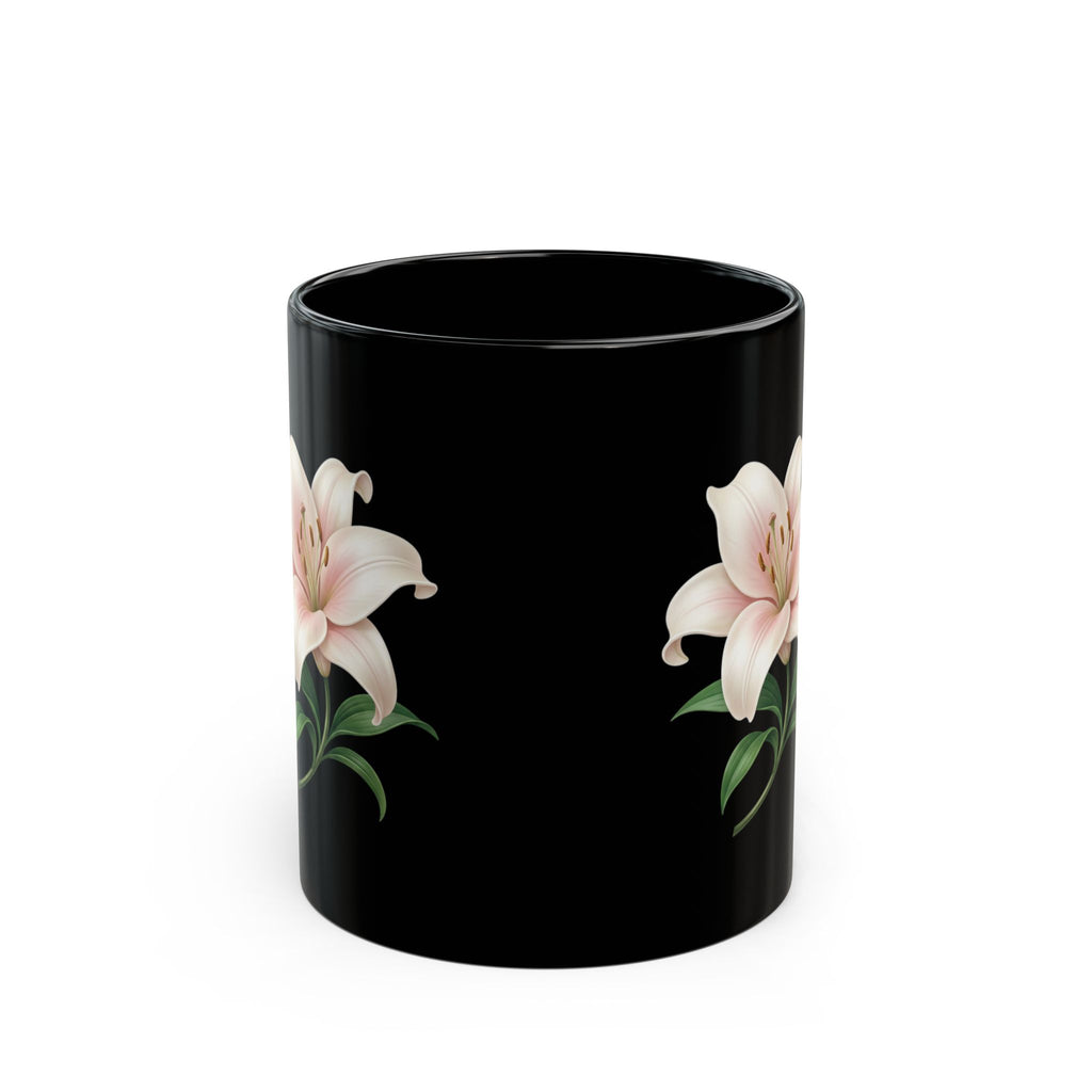 Black Floral Lily Mug — Elegant Pink Lily Coffee Cup (11oz & 15oz)