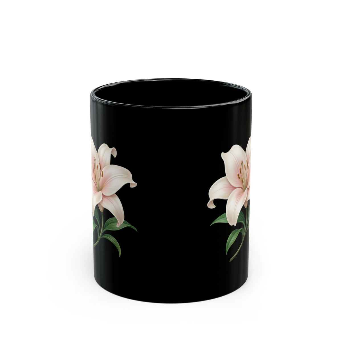 Black Floral Lily Mug — Elegant Pink Lily Coffee Cup (11oz & 15oz)