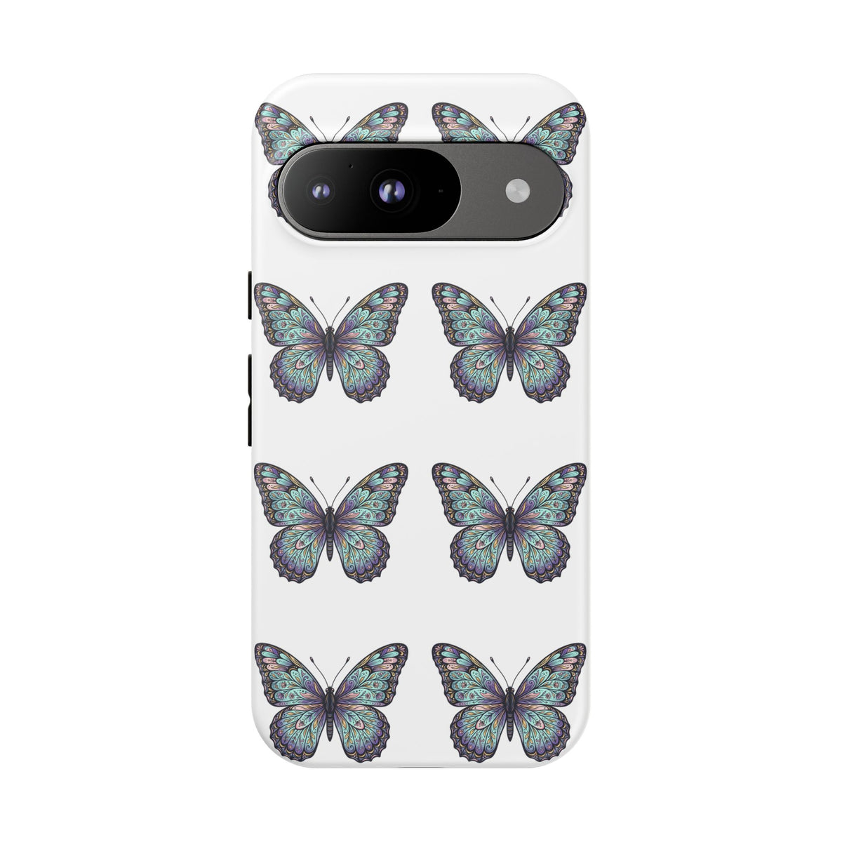 Butterfly Pattern Tough Phone Case — Vintage Teal Floral Protective Cover