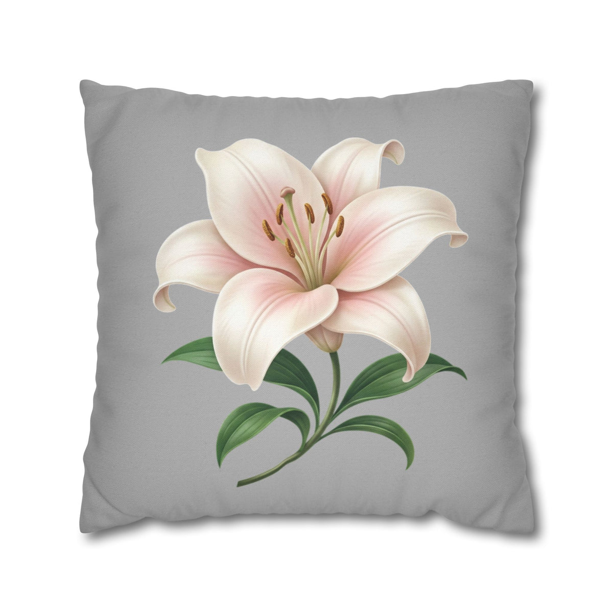 Floral Lily Throw Pillowcase — Pink Lily on Gray Decorative Cushion Cover