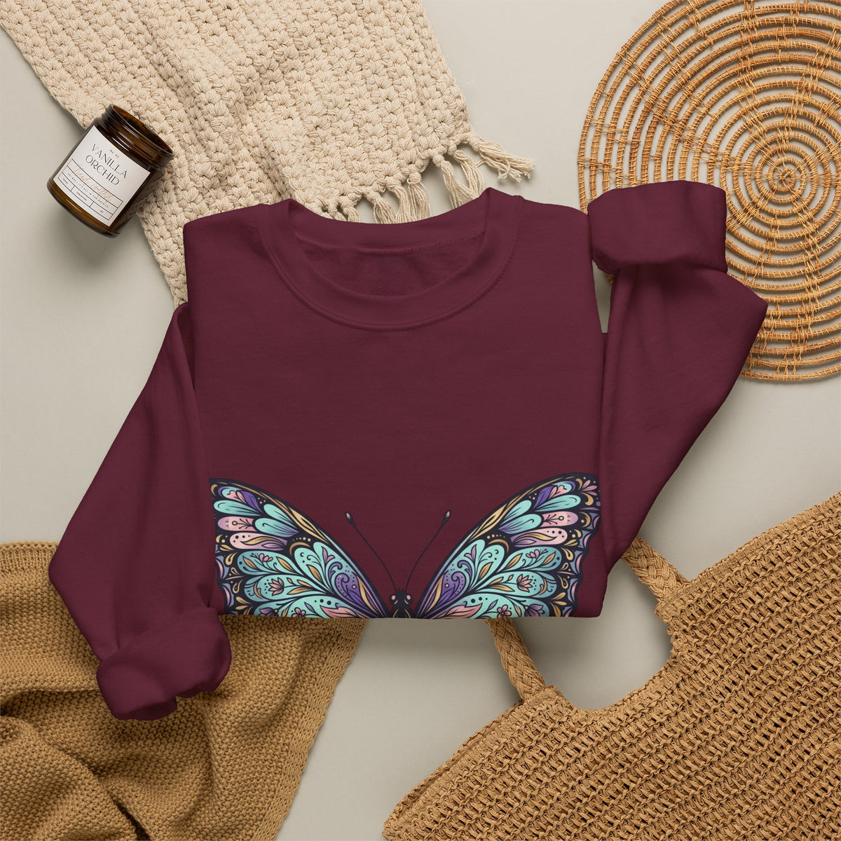 Butterfly Crewneck Sweatshirt – Teal Purple Watercolor Wing Design