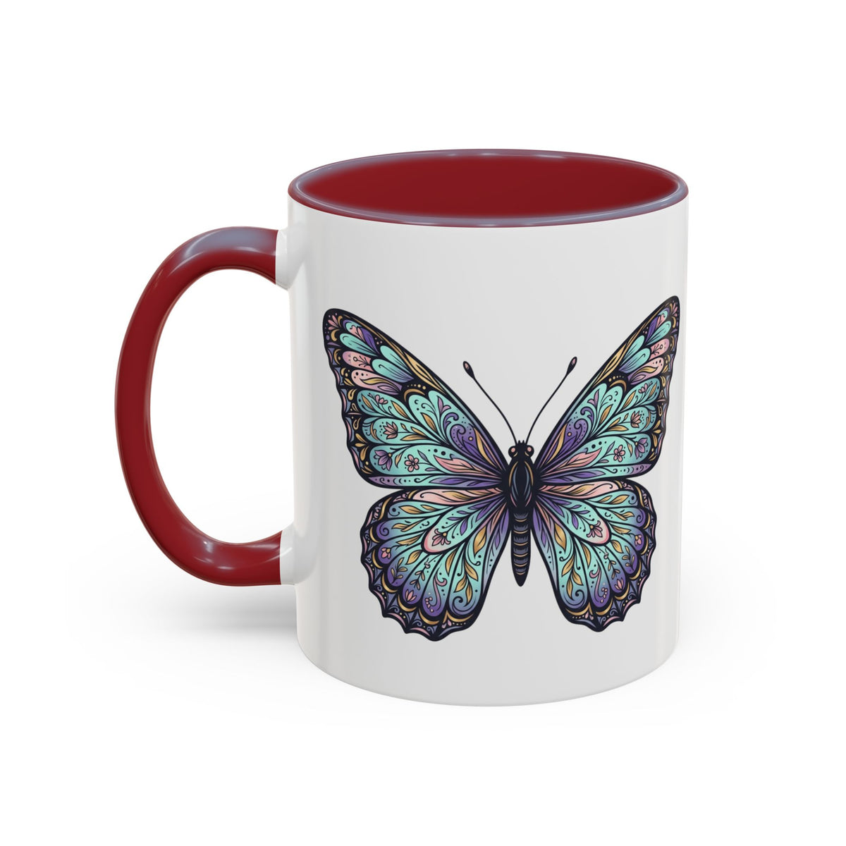 Butterfly Accent Coffee Mug — Teal Mandala Wing Design (11/15oz)